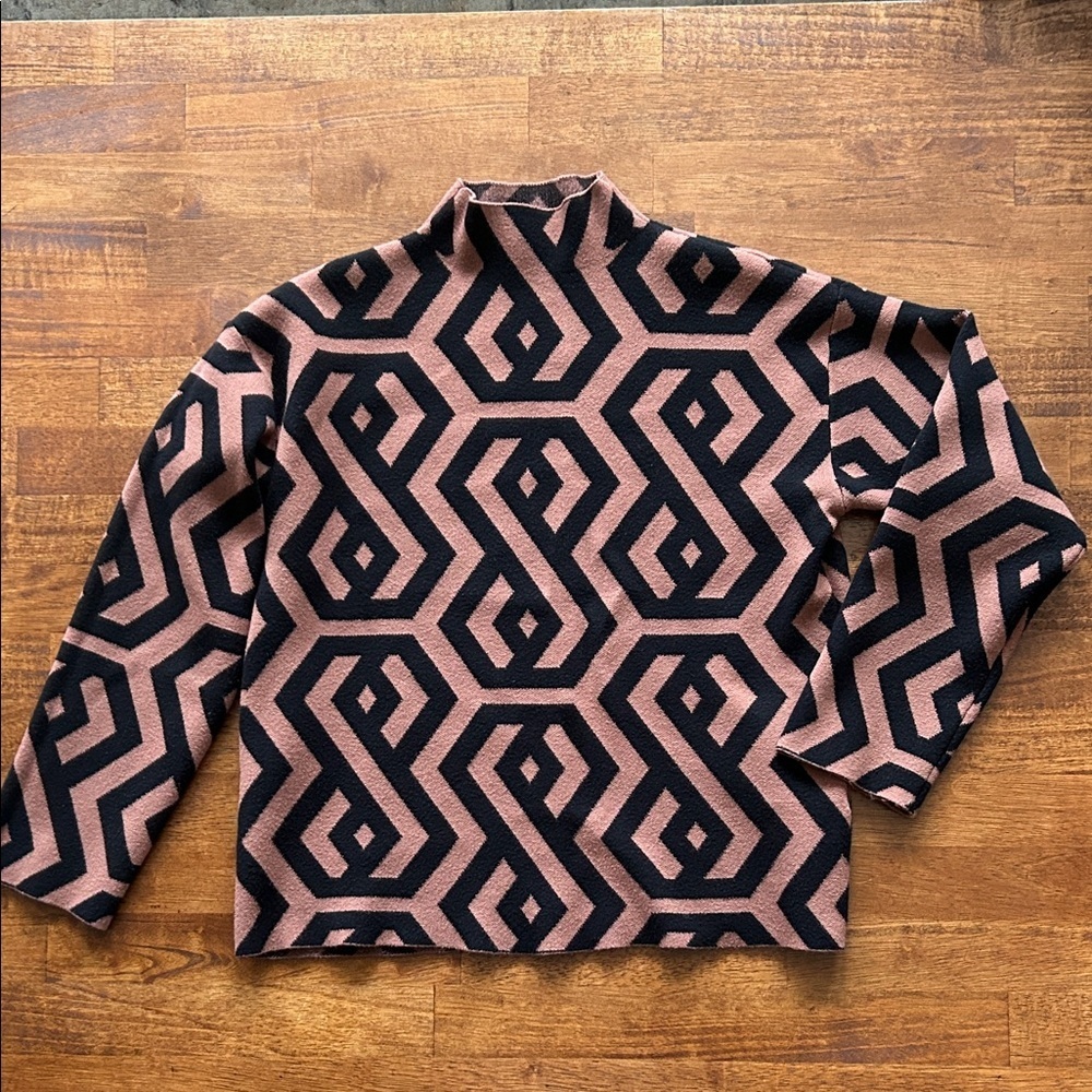 Zoe & Claire octagon print viscose blend funnel neck black brown sweater size S‌